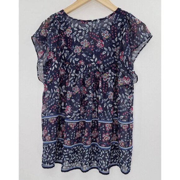 GAP Tie Neck Sheer Chiffon Blue Floral Flutter Sleeve Blouse Sz L Preppy Boho - Picture 2 of 8